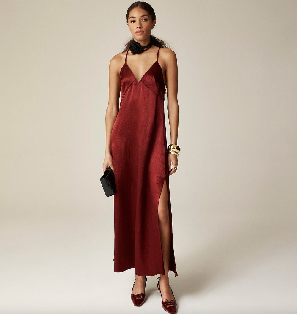 J.Crew Cross Back Dress Textured Satin Slip Burgundy Evening Formal US 14 NWT